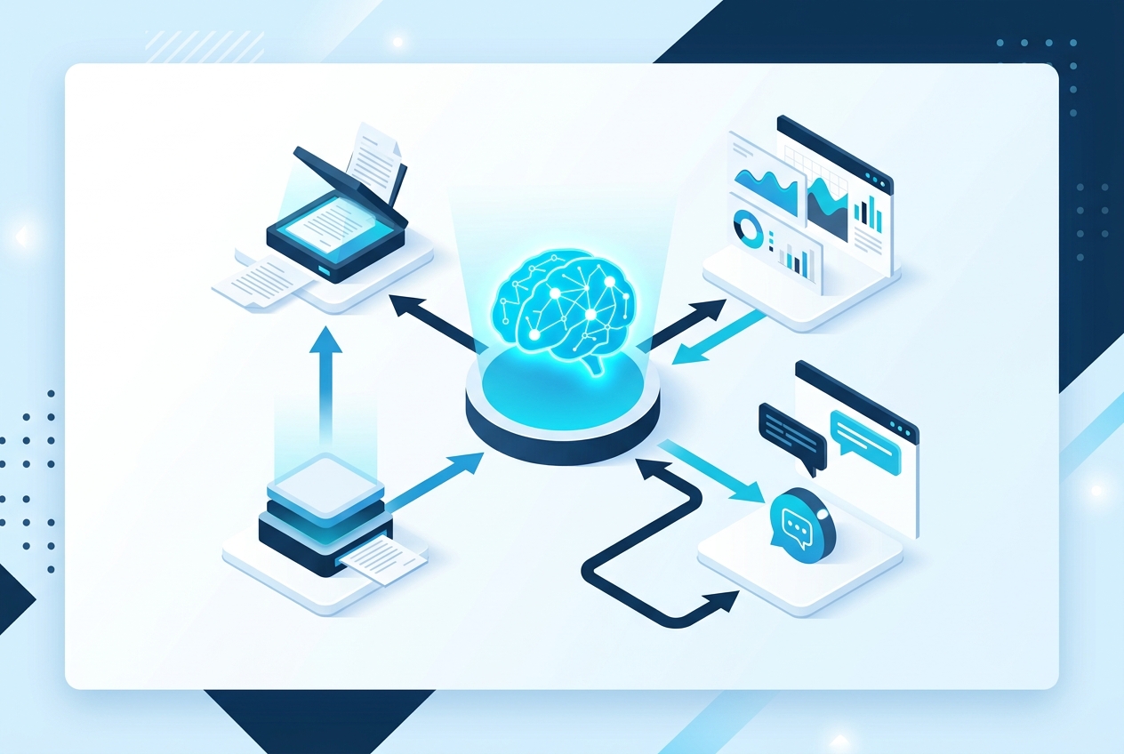 Isometric illustration of interconnected AI workflow modules including document scanning, neural processing, analytics and chat interfaces