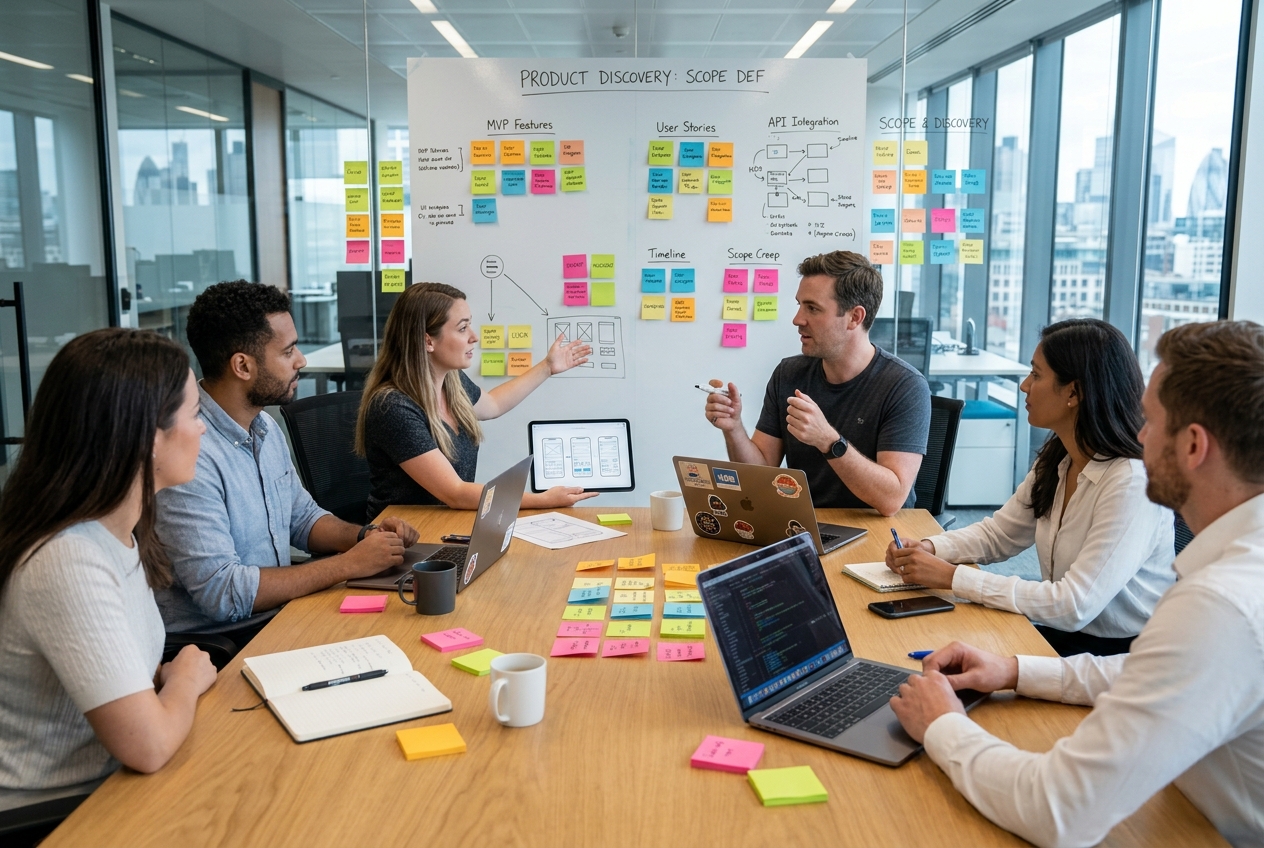 Software development team conducting product discovery workshop around a table