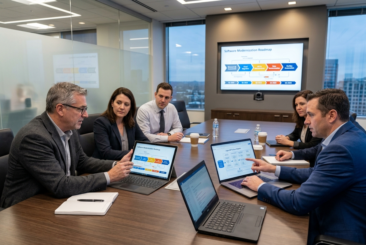 IT leadership examining software modernization roadmap on tablets