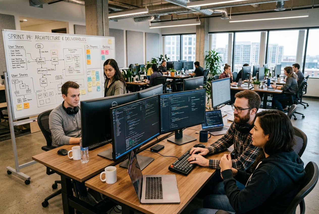 Engineering team working in a modern software office studio