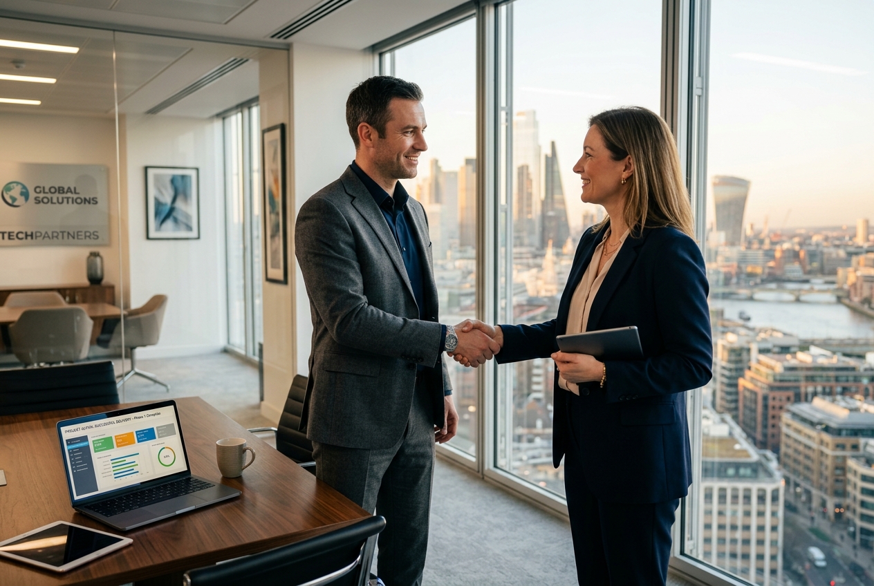 Technology delivery lead shaking hands with client executive in a modern office