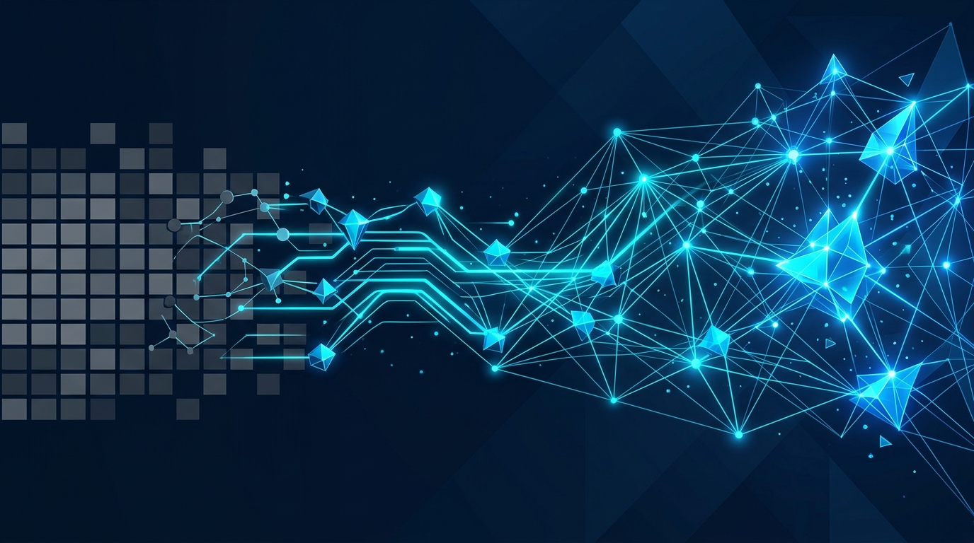 Abstract illustration showing legacy systems transforming into connected AI-enabled nodes