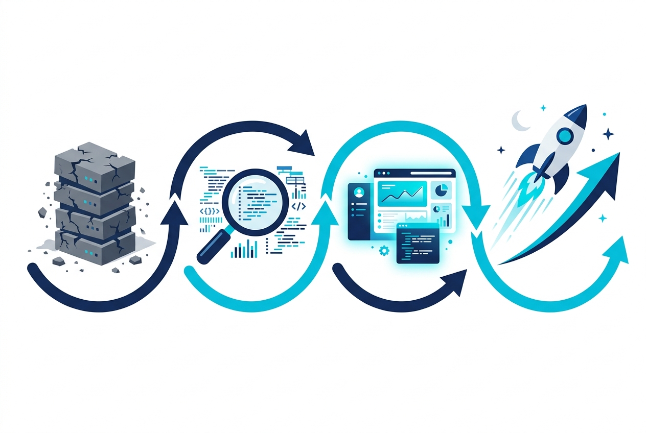Four-step modernization process: legacy assessment, analysis, modern platform delivery, and launch