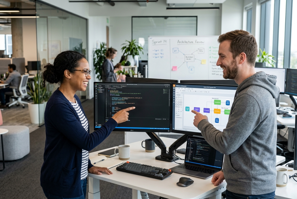 Software developers reviewing system architecture and code on dual monitors