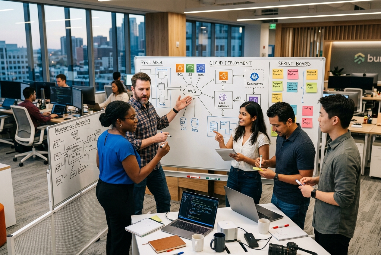 Diverse software engineering team collaborating around a whiteboard with cloud architecture and sprint planning notes